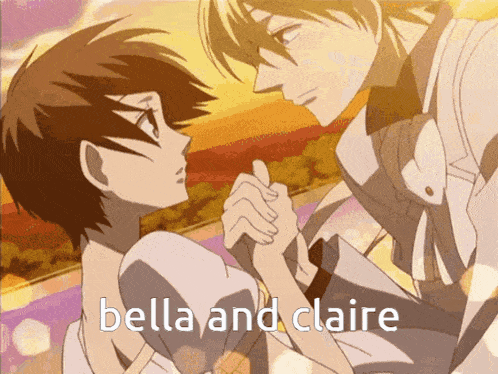 a picture of a man and woman holding hands with the words bella and claire below them