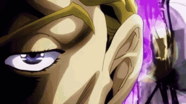 a close up of a man 's face with a purple background