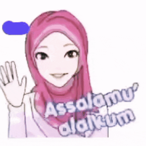 a cartoon of a woman wearing a pink hijab with the words assalamualaikum written below her