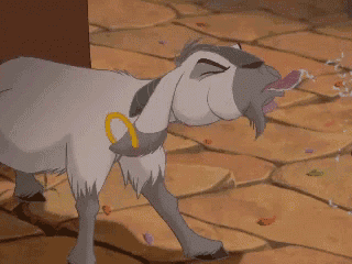 a cartoon goat with a ring around its neck licking its nose