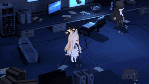 a girl in a white dress stands in front of a microphone in a dark room