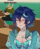 a girl with blue hair is wearing a blue shirt and a choker