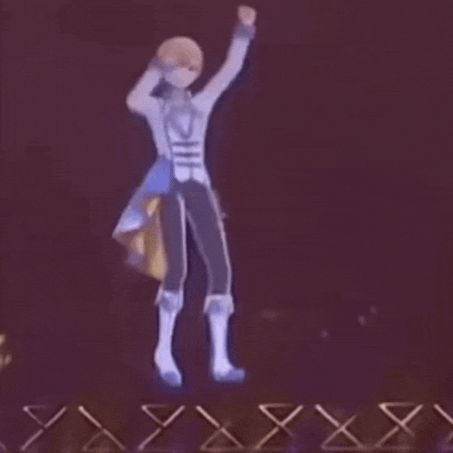 a cartoon character is standing on a stage with his arms in the air .