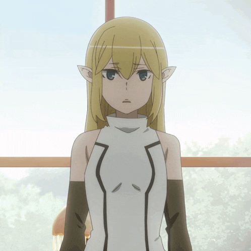 a girl with blonde hair and elf ears is wearing a white top