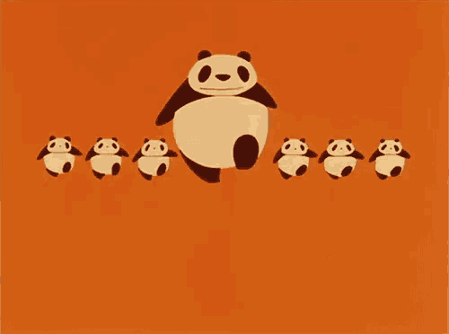 a group of panda bears are walking in a row .
