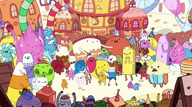 a bunch of cartoon characters are gathered around a cake