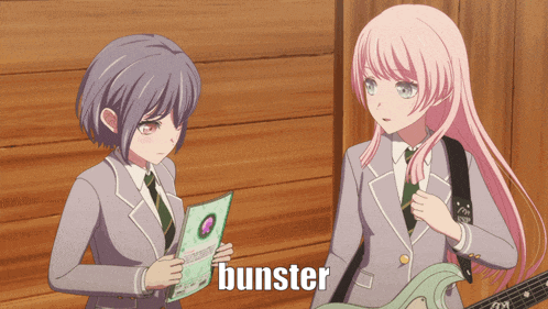 two anime girls standing next to each other with the word bunster on the bottom right