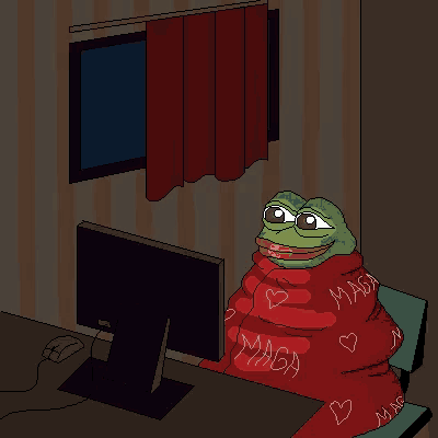 a pixel art drawing of a frog wrapped in a maga blanket sitting in front of a computer