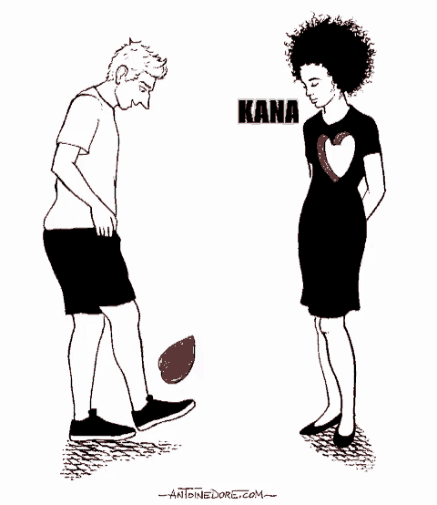a black and white drawing of a man kicking a heart and a woman standing next to each other with kana written above them