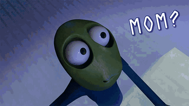 a cartoon character with big eyes and the word mom behind him