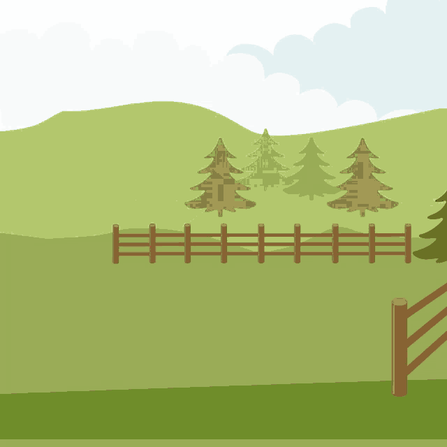 a horse is standing in a field with a fence and trees in the background