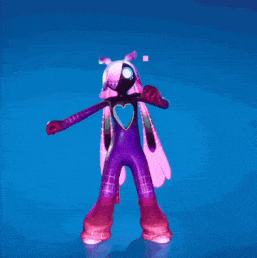 a purple and pink cartoon character with a heart cut out of her chest