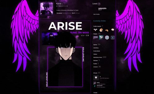 a profile for arise sung jin woo has purple wings