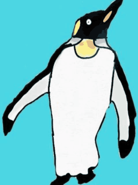 a drawing of a penguin with a yellow beak on a blue background