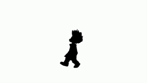 a black and white drawing of a cartoon character walking in front of buildings