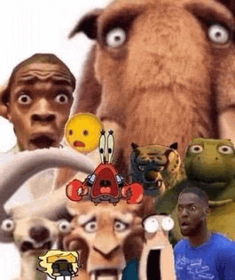 a group of cartoon characters are standing next to each other on a white background and making funny faces .