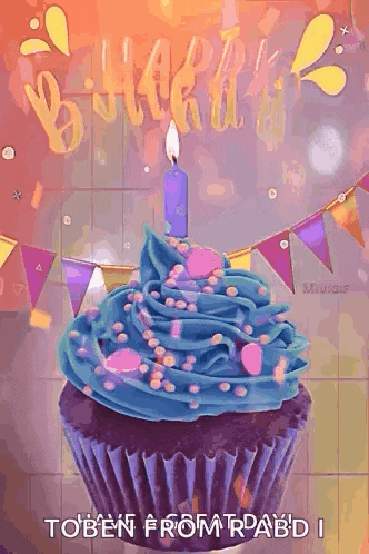 a cupcake with blue frosting and a candle on it