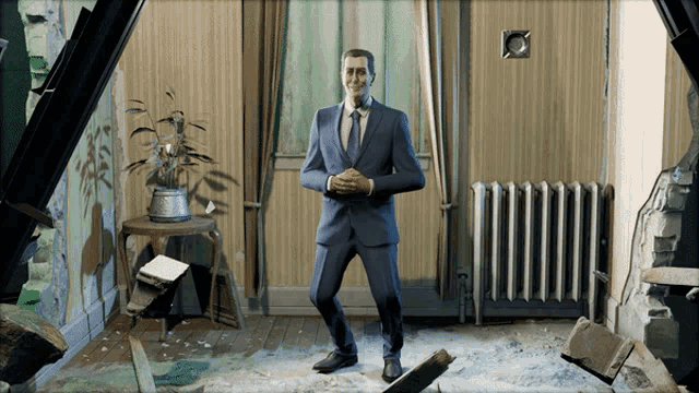 a man in a suit stands in a room with a radiator