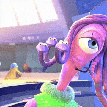 a cartoon character with a green sweater and purple hair
