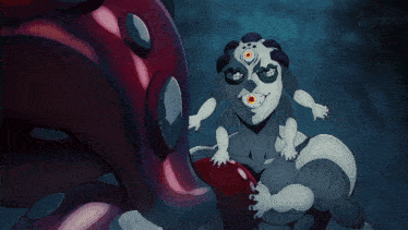 a cartoon character with three eyes and a red eye
