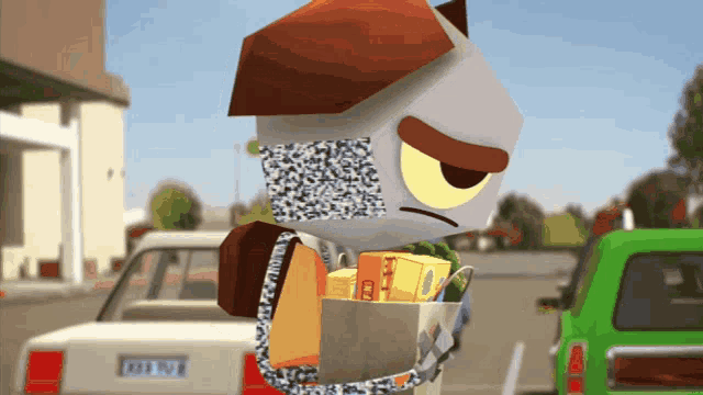 a cartoon character is carrying a bag of groceries and has a license plate that says kzzl nvr