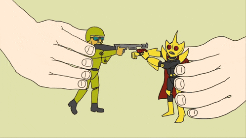 a cartoon of a man holding a gun and another man holding a sword