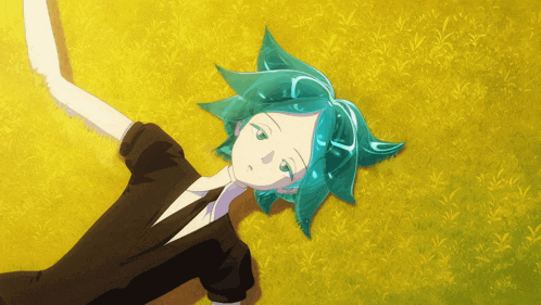 a cartoon character with green hair is laying on a yellow surface