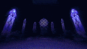 a stained glass window in a dark room with purple lights coming out of it
