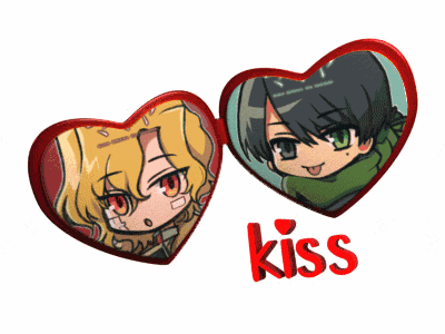 two anime hearts with the word kiss in red