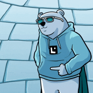 a polar bear wearing sunglasses and a hoodie with the letter l on the chest