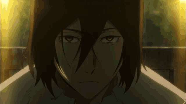 a close up of a anime character with red eyes