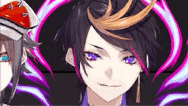 a close up of a person 's face with purple and orange hair .