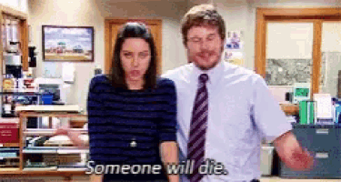 a man and a woman are standing next to each other and someone will die