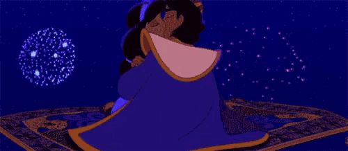 a pixel art of aladdin and jasmine kissing under fireworks