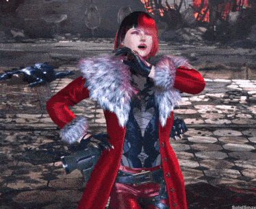 a woman in a red coat with a fur trim is standing in a video game