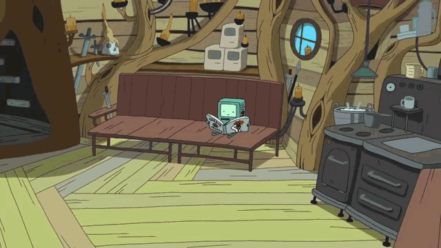 a cartoon drawing of bmo reading a book on a couch