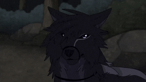 a drawing of a wolf in the rain with purple eyes