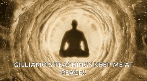 a silhouette of a person in a lotus position with the words " giliamo 's teachings keep me at peace " below