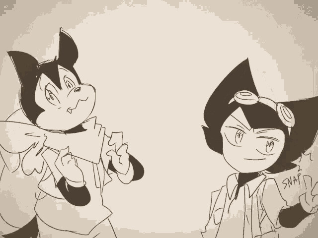 a black and white drawing of two cartoon characters with the word clap on the bottom right
