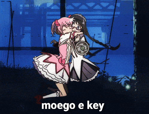 a cartoon of two girls hugging each other with the words moego e key above them