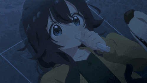 a drawing of a girl with her eyes closed and a blue sticker that says ' sss ' on it