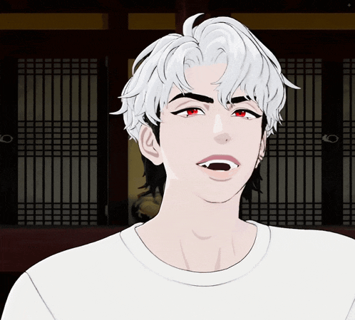 a man with white hair and red eyes is looking at the camera
