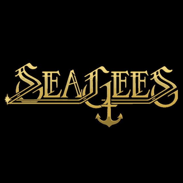 a logo for sea gees with a gold anchor on a black background