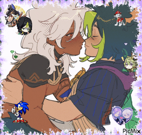 a drawing of a couple kissing with sonic the hedgehog in the corner