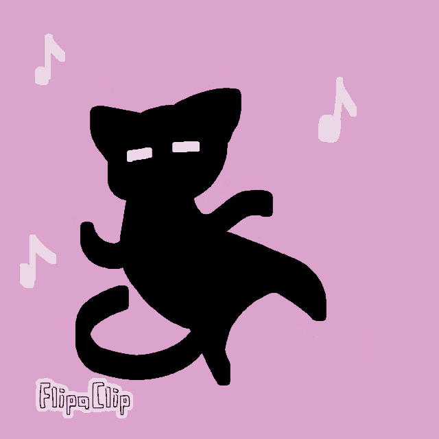 a drawing of a black cat dancing with music notes behind it says flipa clip