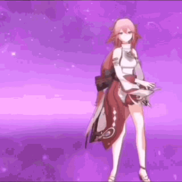 a girl with pink hair is standing in front of a purple background in a video game .
