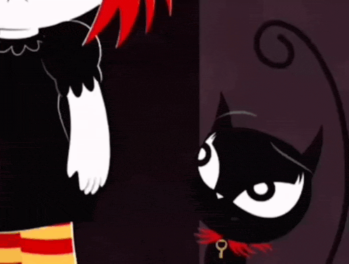 a cartoon character with red hair is standing next to a black cat with a red collar .