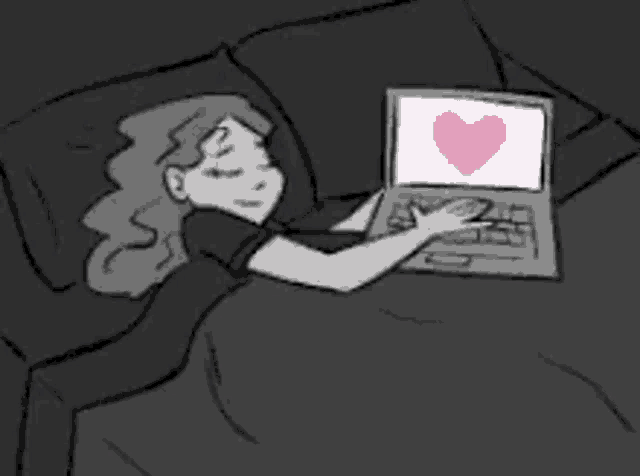 a cartoon of a woman laying in bed using a laptop with a heart on the screen