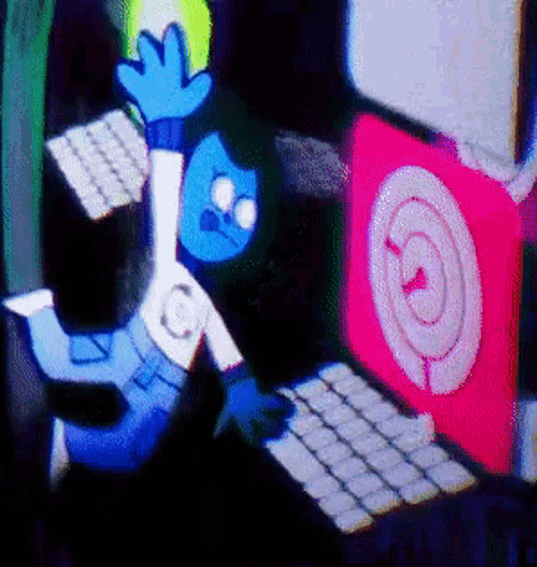 a cartoon character is typing on a keyboard in front of a computer screen