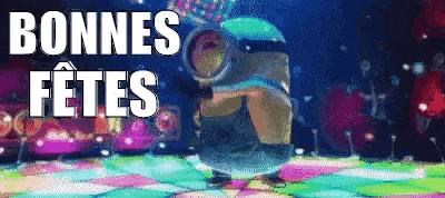 a minion is dancing on a colorful dance floor with the words bonnes fetes above him